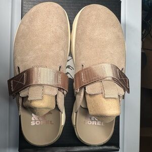 Sorel Taupe Suede Slip-On Clog with Brown Strap